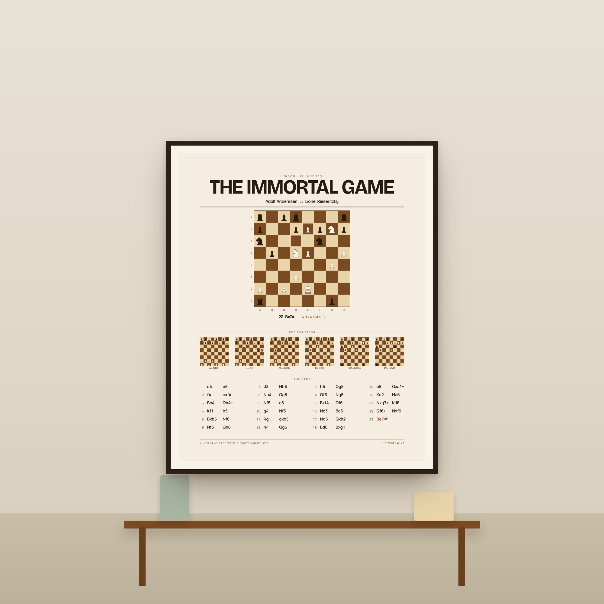 The Immortal Game print, walnut style, framed in black above a wooden console table