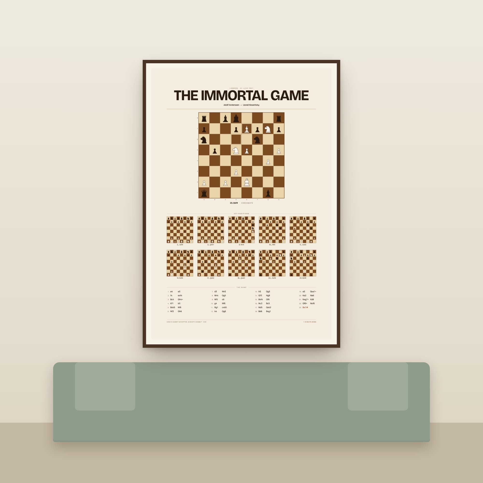 The Immortal Game print, walnut style, framed above a sofa